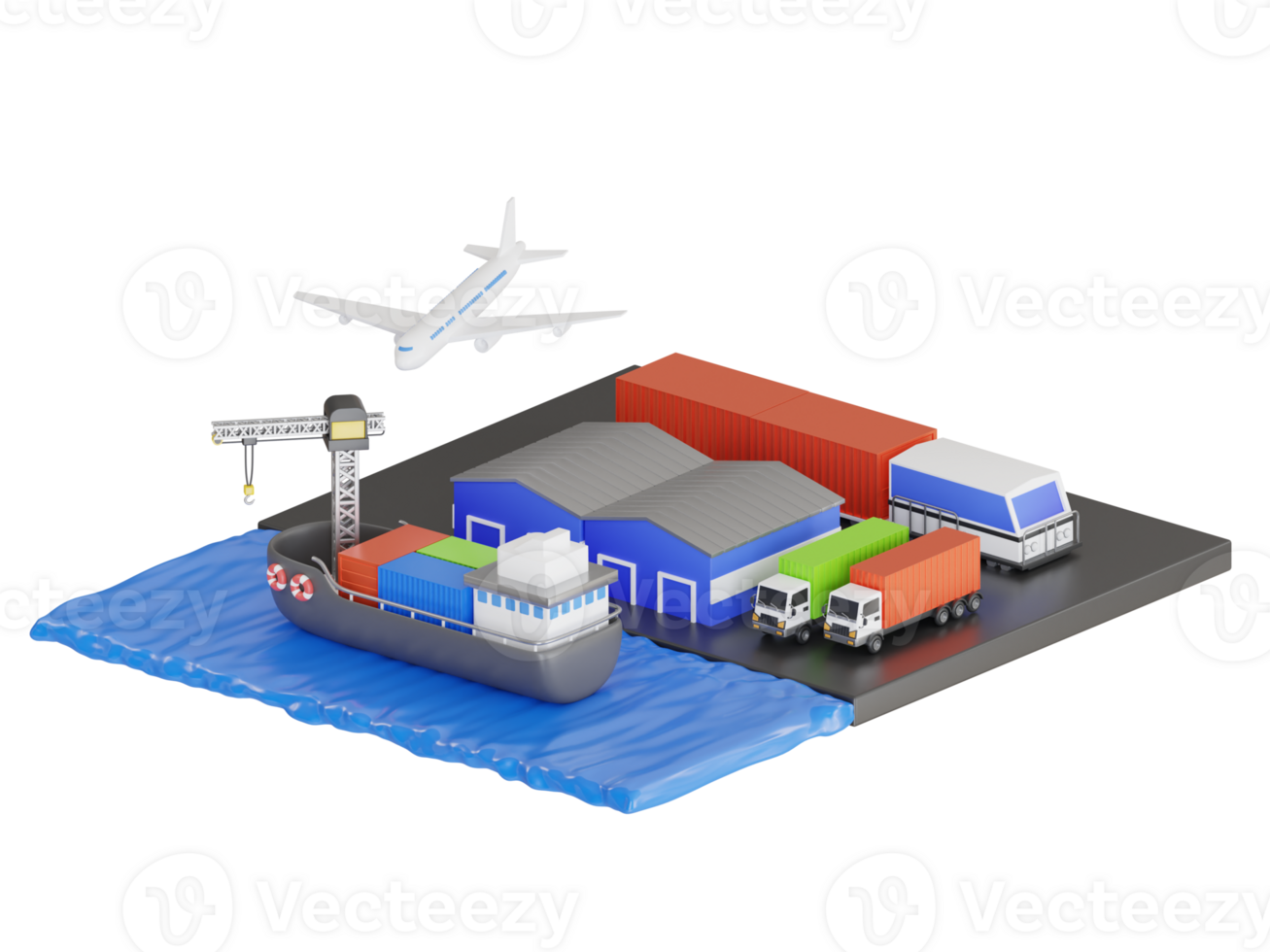 3d fast international deliveries different modes of transport. Transportation and logistics of Container Cargo ship and Cargo plane. 3D Illustration png
