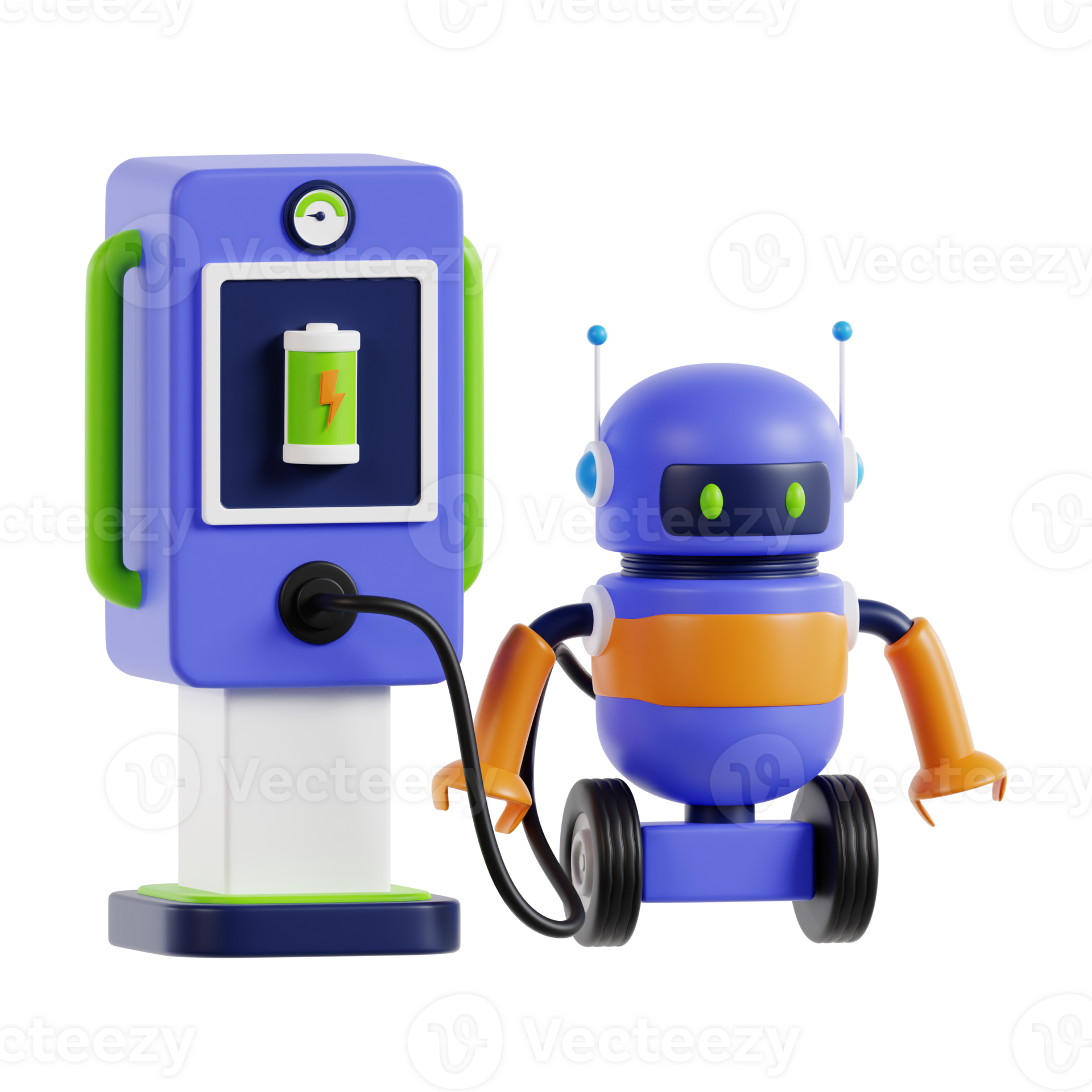 3d robot charge with electric charging station. Robot charging self at