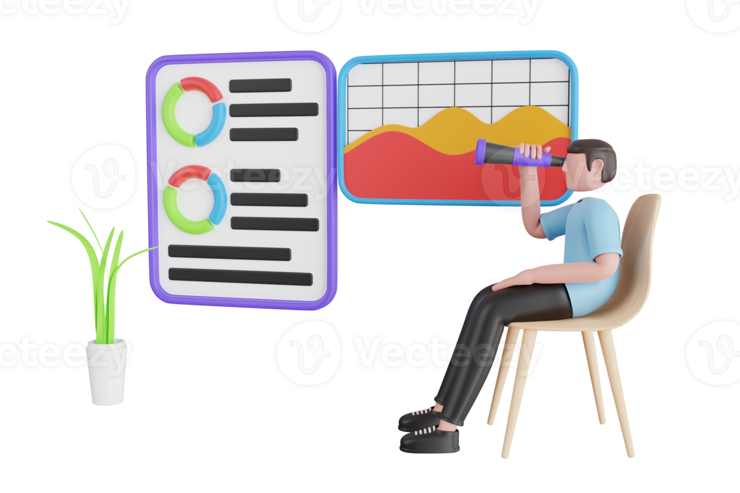 trend research 3d illustration. Analyst forecasting future trends. Infographic and statistics on screen png