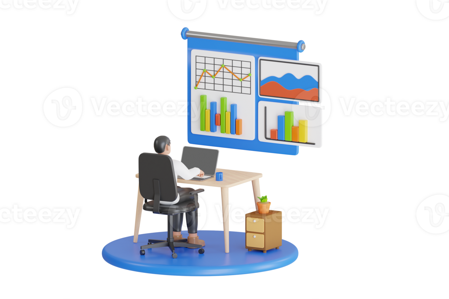 3D Analyst working on business analytics dashboard with KPI, charts and metrics to analyze data and create insight reports. 3d illustration png