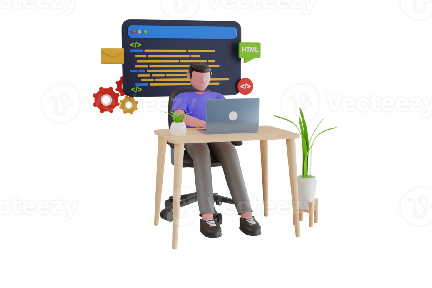 Professional programmer writing code for testing computer software. Man using computer for fixing bugs, coding and programing. 3d illustration png