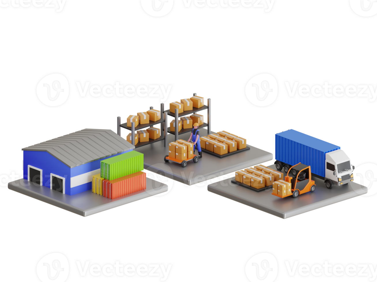 3D Warehouse workers are arranging goods on the shelves. Warehouse and distribution center. Worker arranging boxes at warehouse. 3D Illustration png