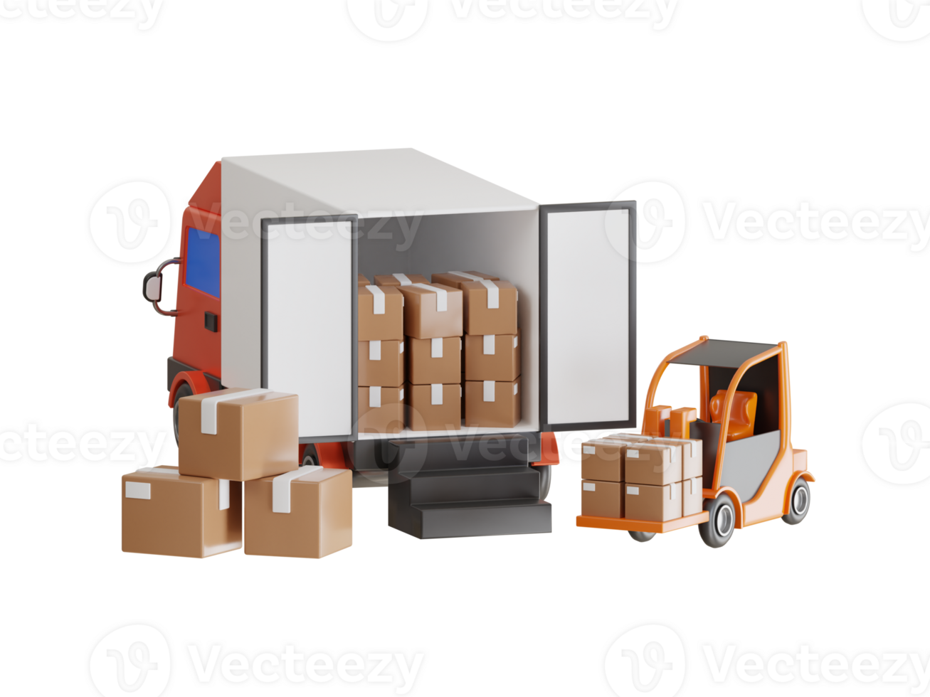 3d läser in lådor av paket till lastbil. gaffeltruck massor paket till lastbil. leverans service och fri frakt illustration begrepp png