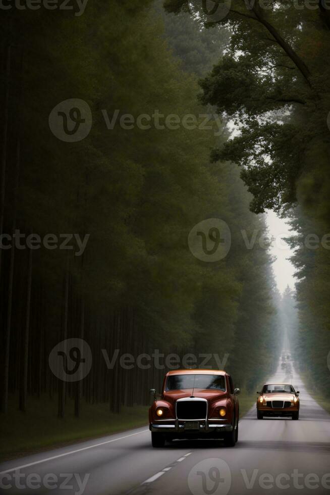 Two Cars Driving Down A Tree Lined Road. AI Generated photo