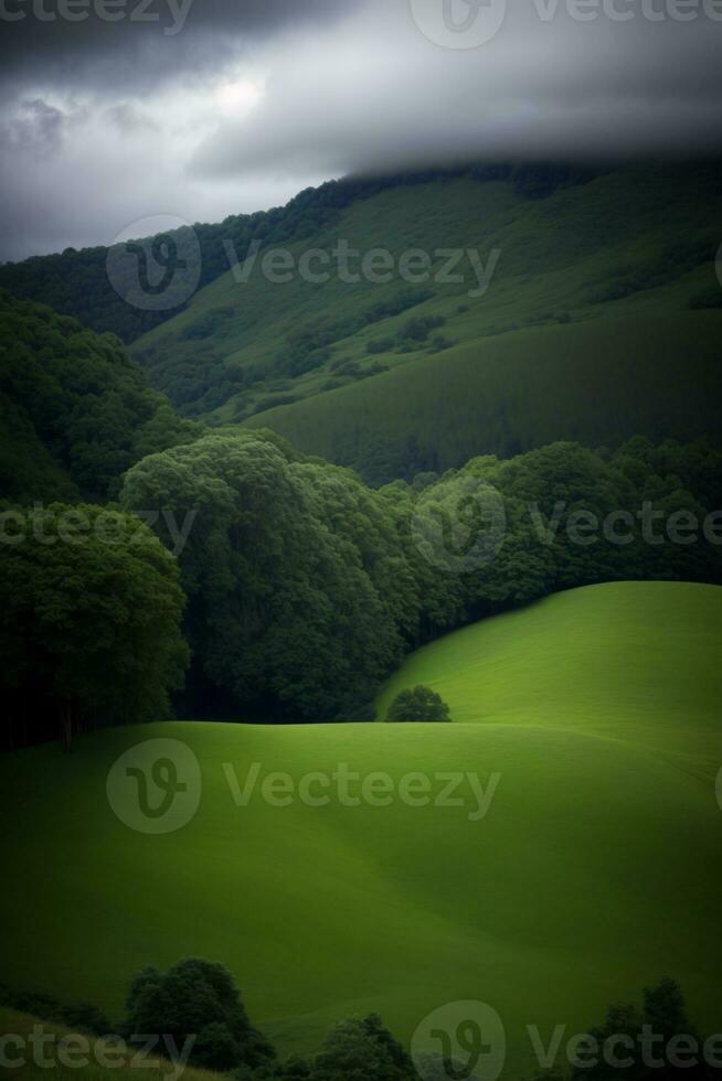 un lozano verde ladera cubierto en arboles debajo un nublado cielo. ai generado foto