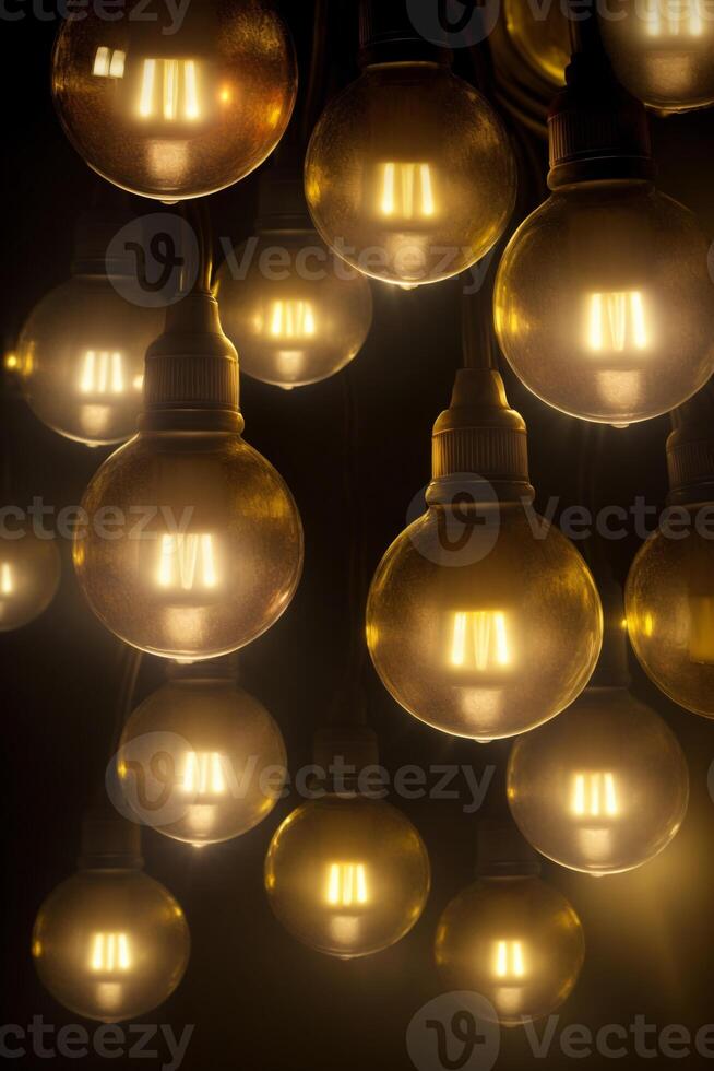 A Bunch Of Light Bulbs Hanging From A Ceiling. AI Generated photo