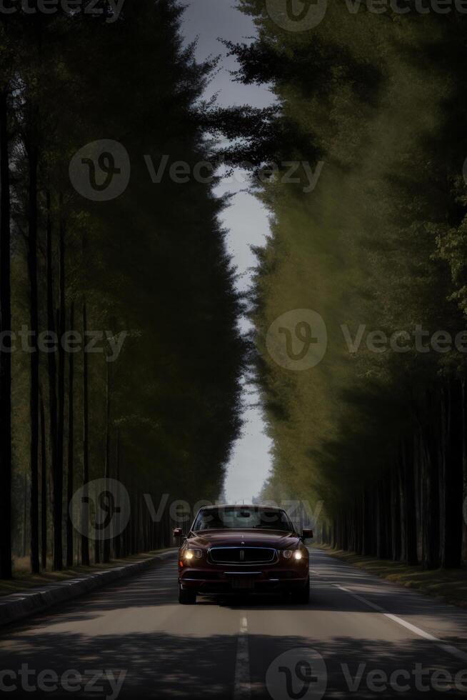 un coche conducción abajo un árbol forrado la carretera. ai generado foto