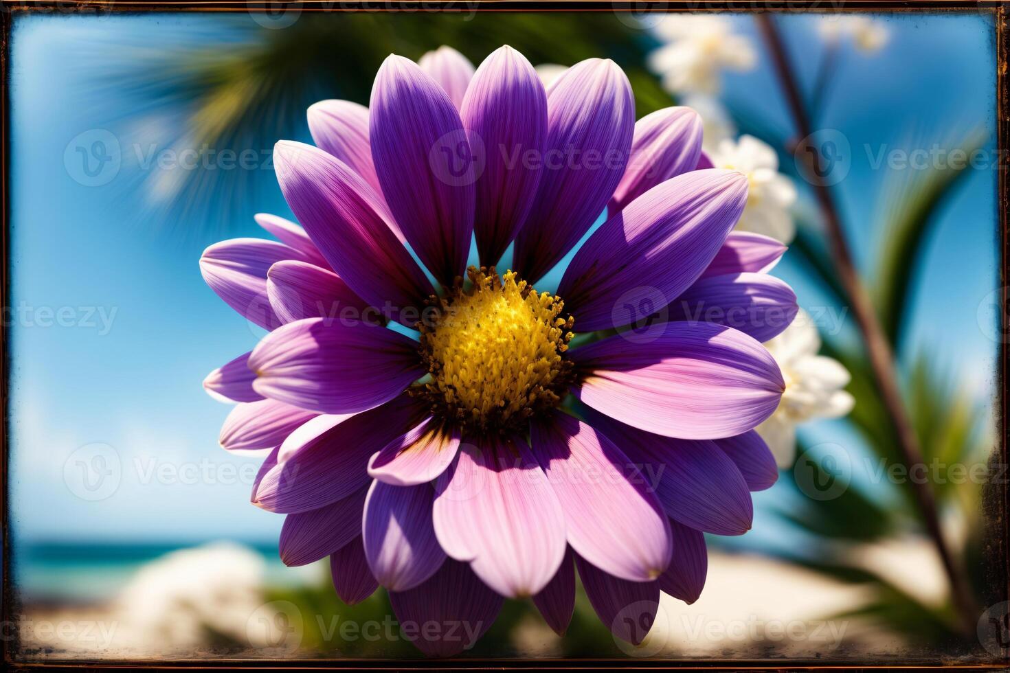 A Close Up Of A Purple Flower With A Blue Sky In The Background. AI Generated photo