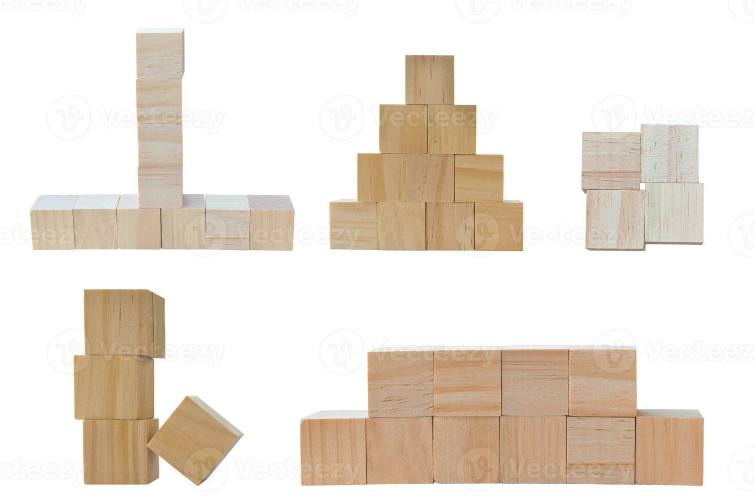 Collection of different wood toy cubes isolated on white background. Object with clipping path. photo
