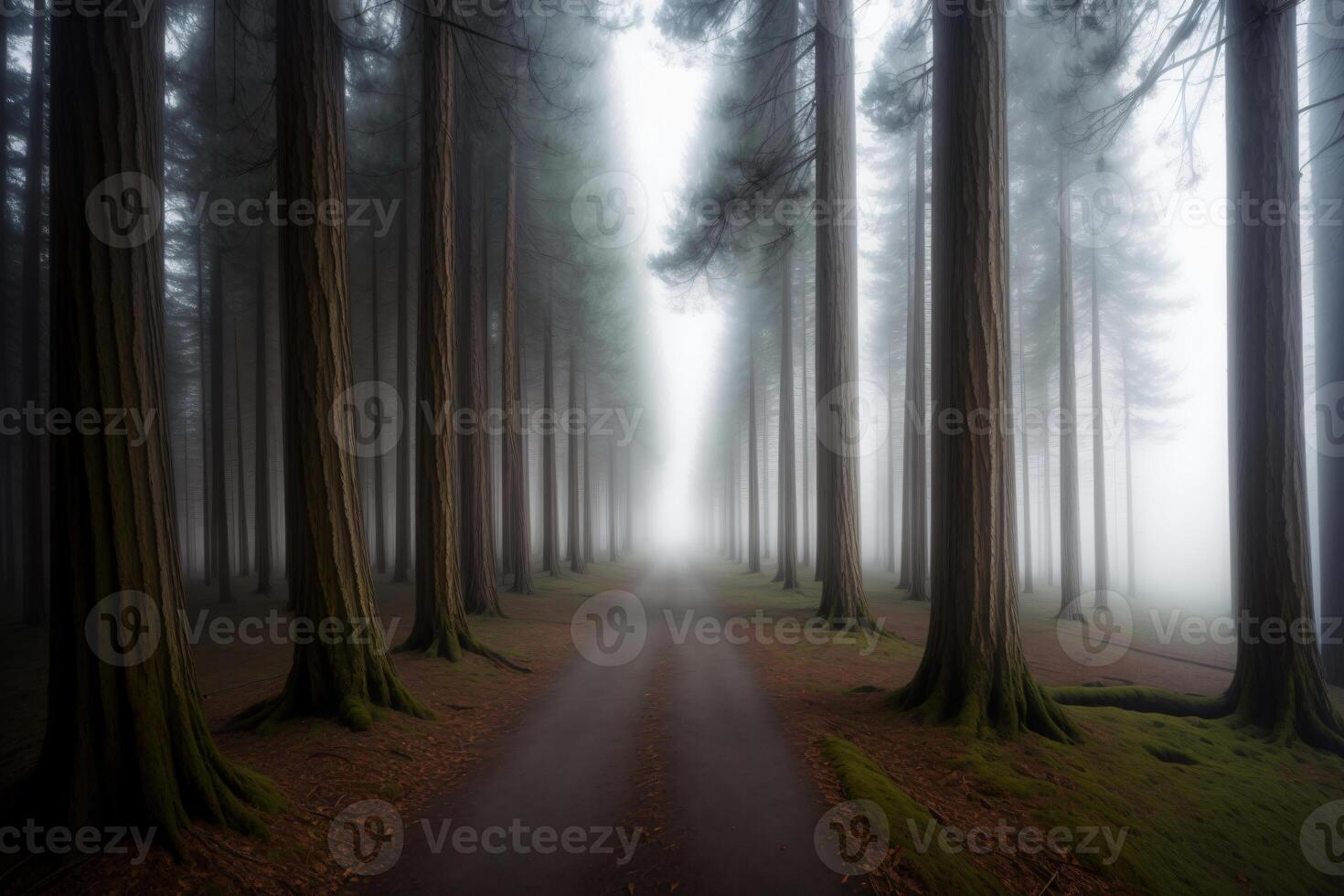 A Road In The Middle Of A Foggy Forest. photo