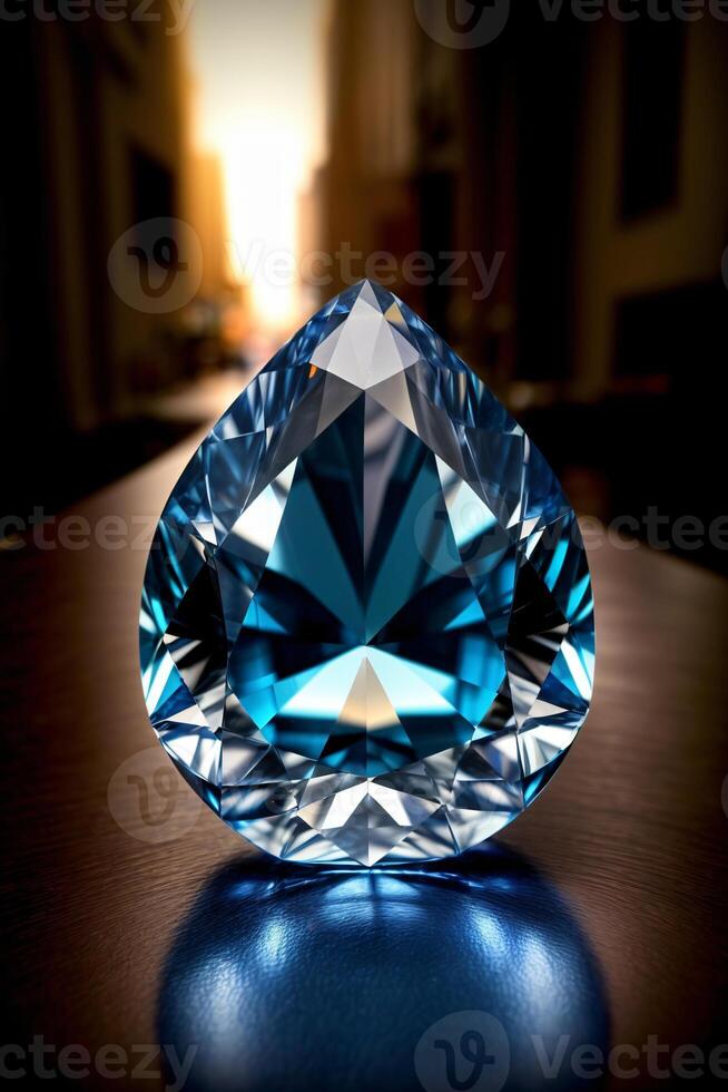 un azul diamante sentado en parte superior de un de madera mesa. ai generado foto