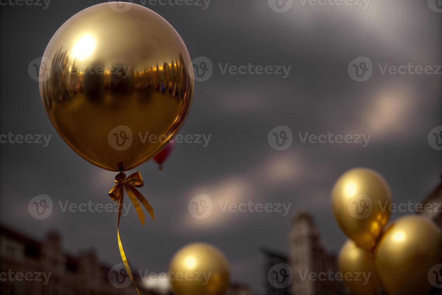 un manojo de oro globos flotante en el aire. ai generado foto