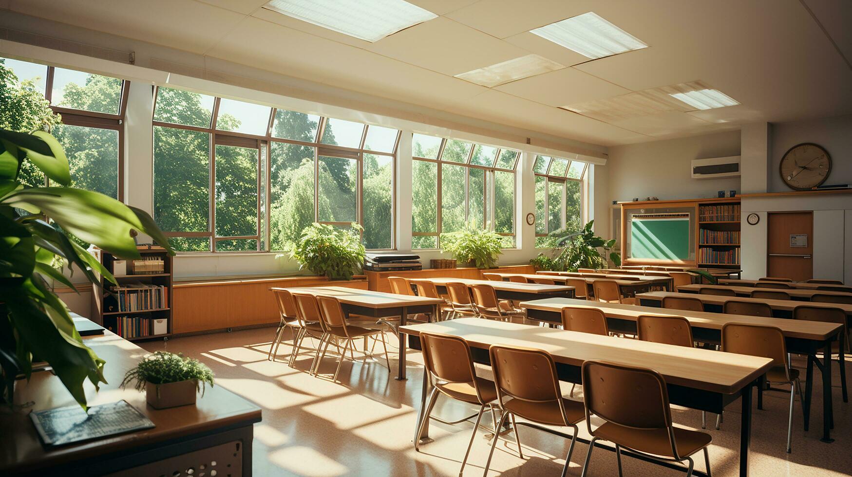 school class in daylight. Clean interior with whiteboard, drawer, chairs and tables AI generative photo