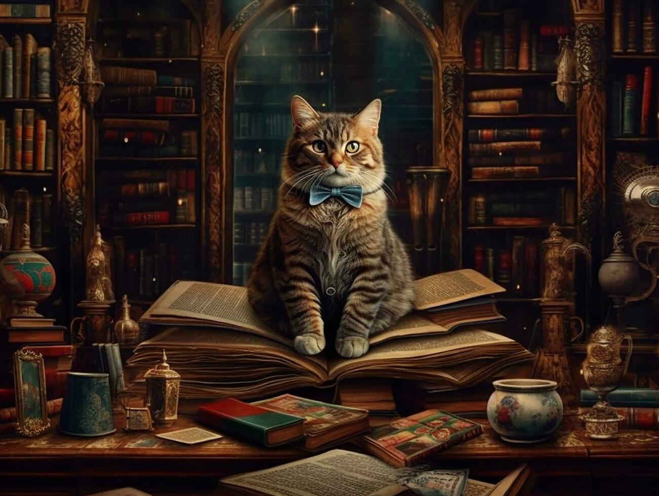 surrealist picture of a professor cat in a library, insane detail AI generative photo
