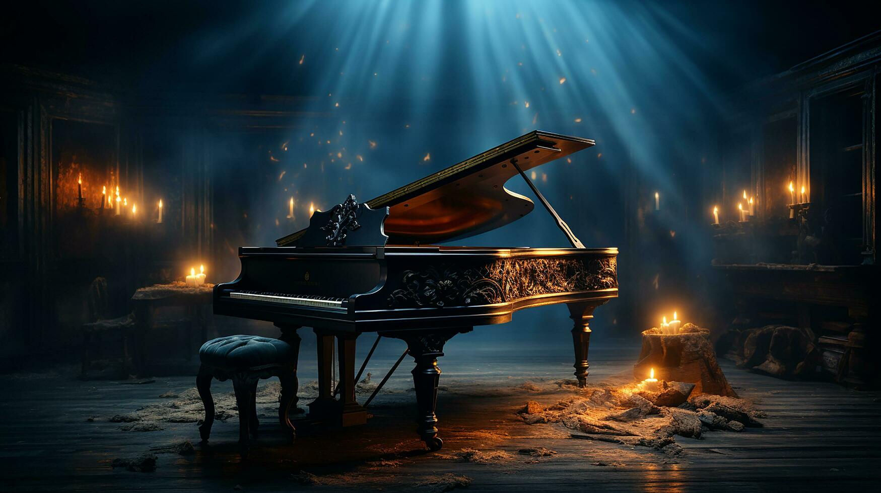 an old grand piano in the middle of dark blank room with god rays light it up AI generate photo