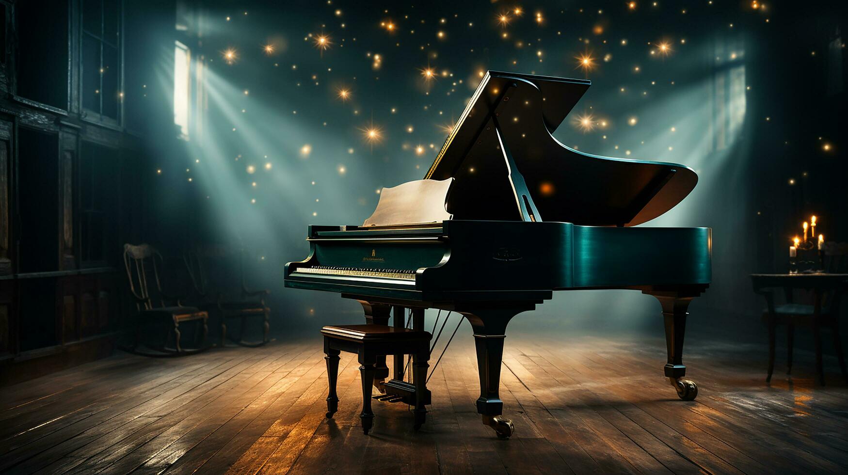 an old grand piano in the middle of dark blank room with god rays light it up AI generate photo