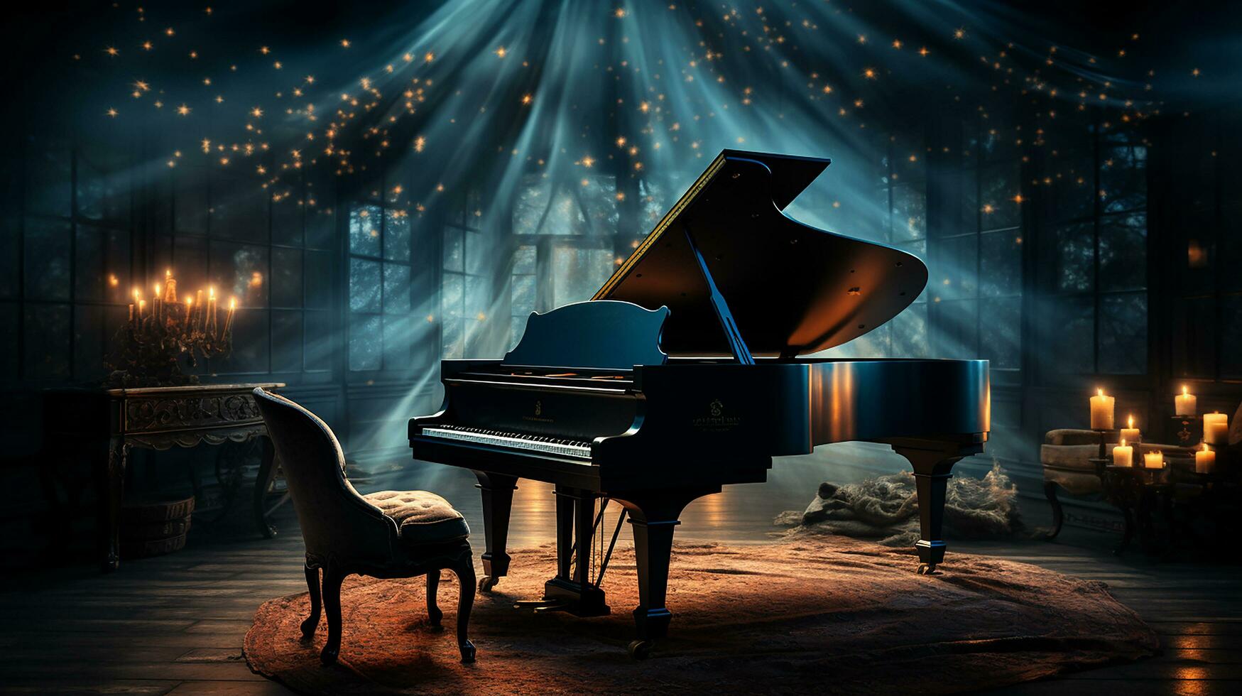 an old grand piano in the middle of dark blank room with god rays light it up AI generate photo