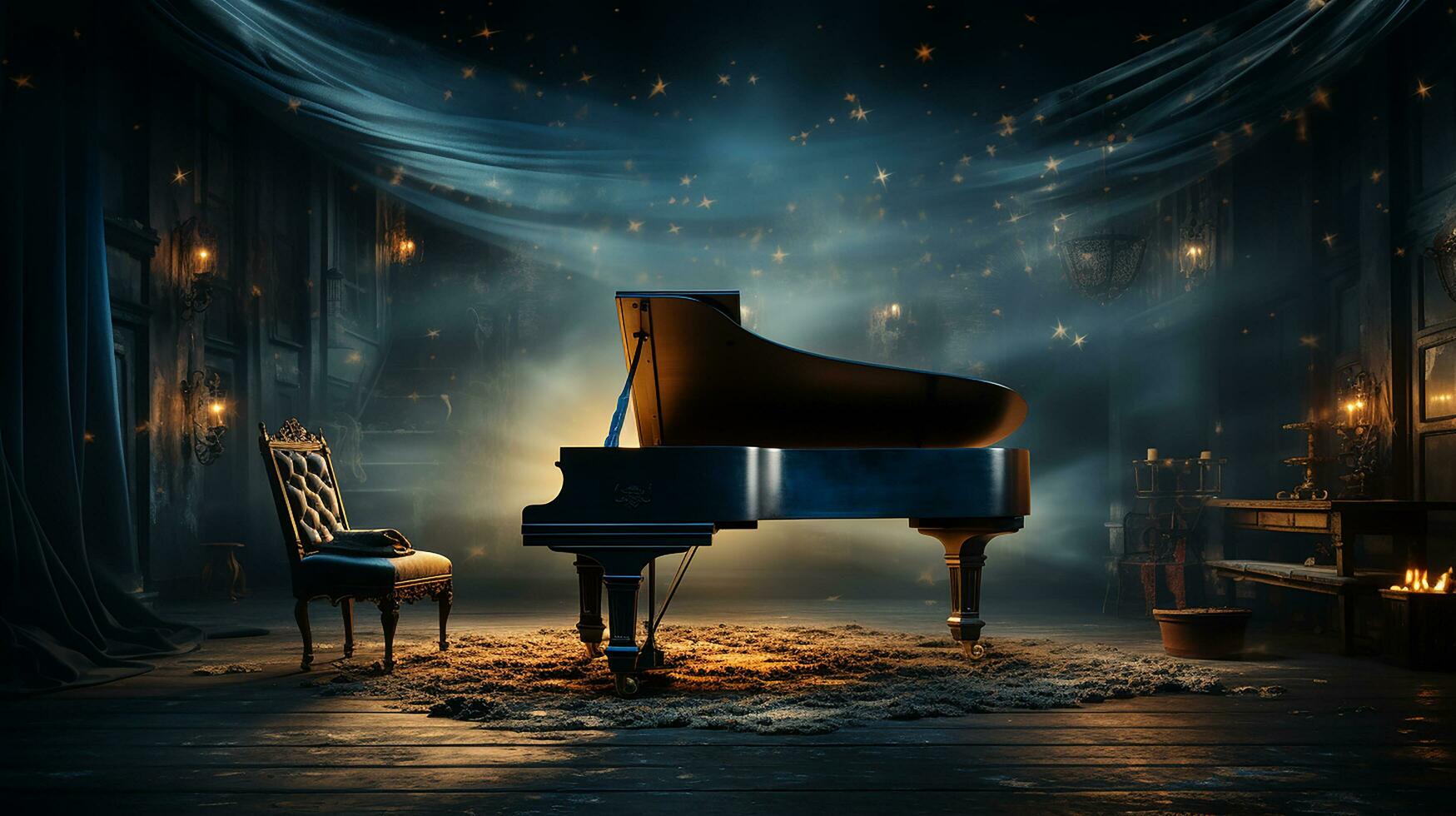 an old grand piano in the middle of dark blank room with god rays light it up AI generate photo