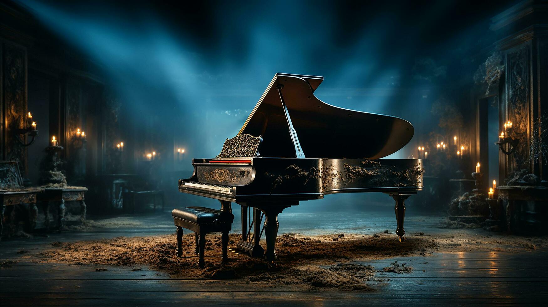 an old grand piano in the middle of dark blank room with god rays light it up AI generate photo