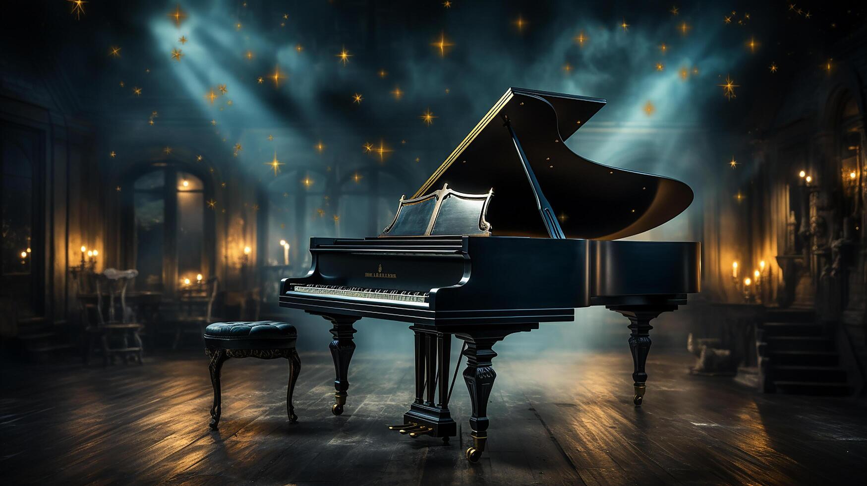 an old grand piano in the middle of dark blank room with god rays light it up AI generate photo