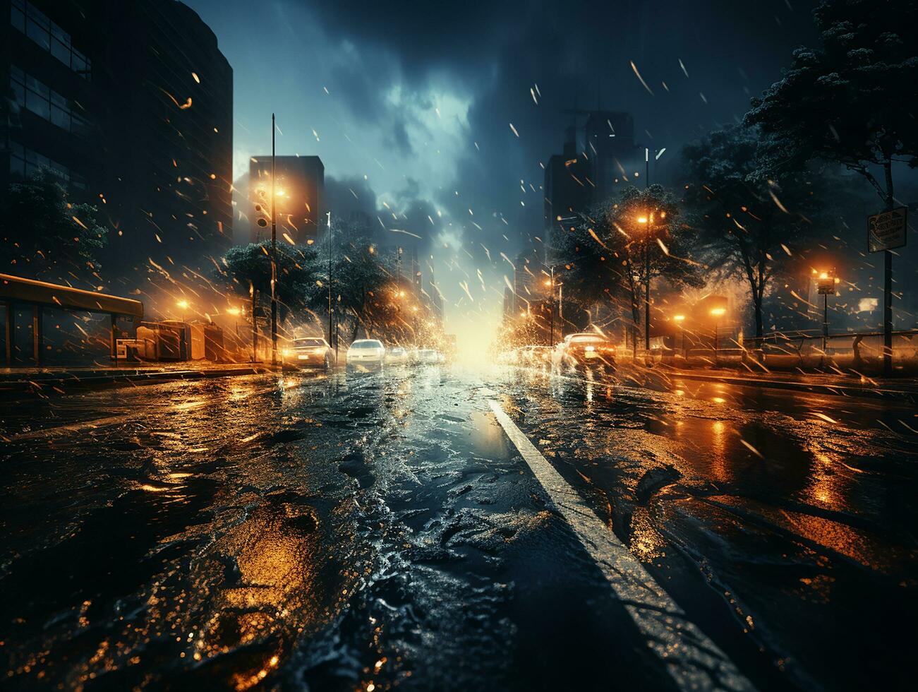 highway road in the night with heavy rain and lightning AI generative photo