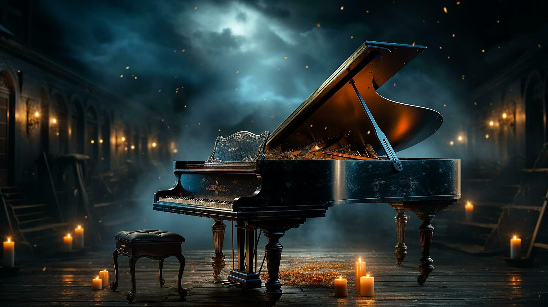 an old grand piano in the middle of dark blank room with god rays light it up AI generate photo