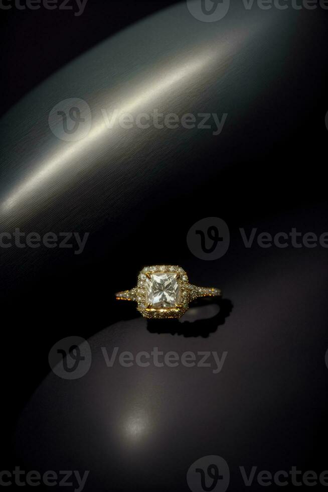 A Diamond Ring Sitting On Top Of A Black Surface. AI Generated photo