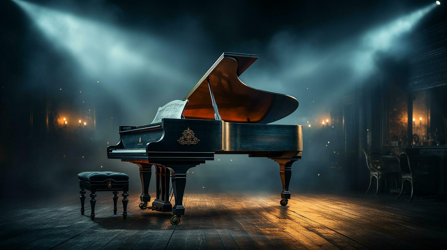 an old grand piano in the middle of dark blank room with god rays light it up AI generate photo