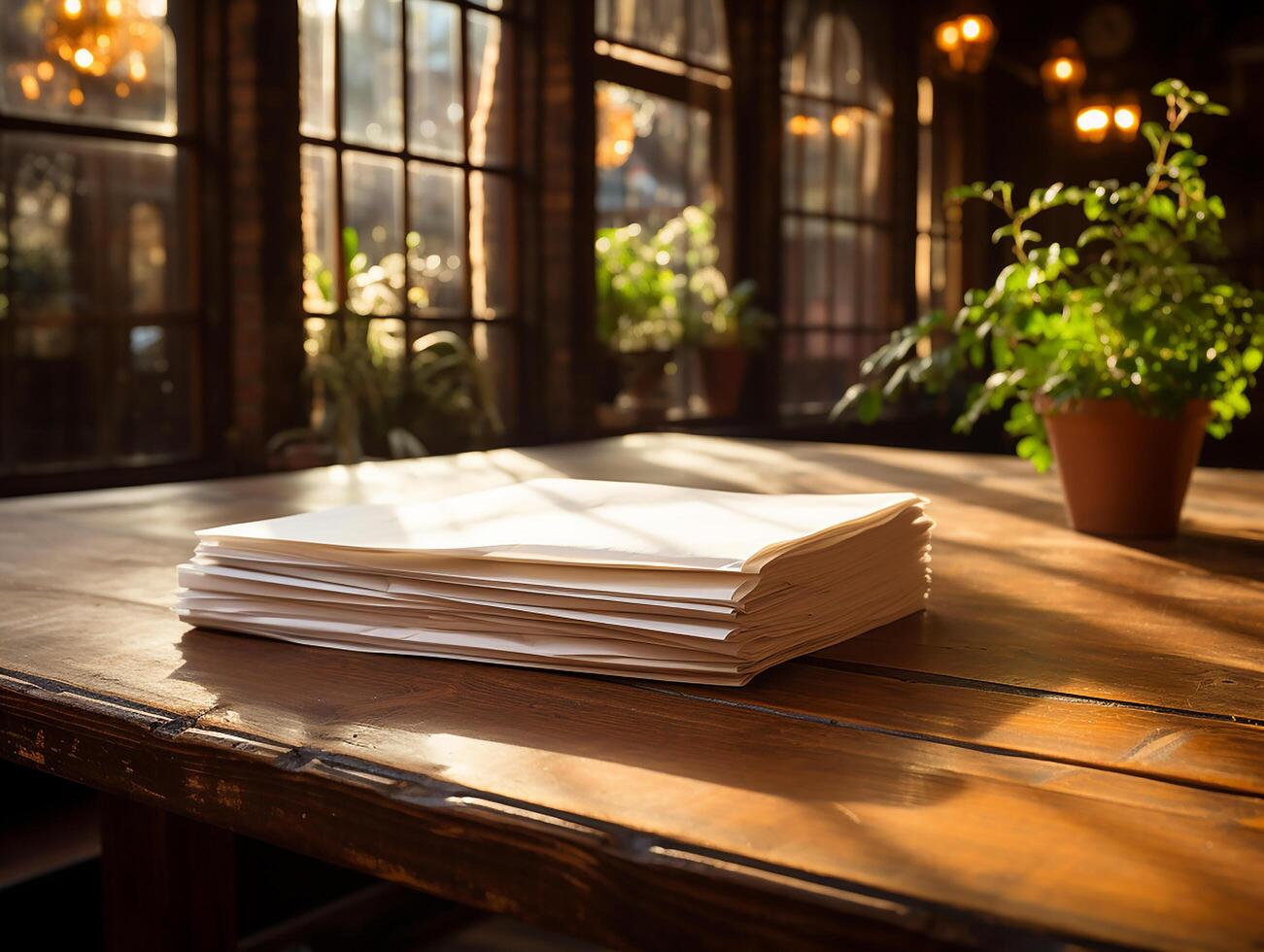 paper on the wooden table, real photography with smooth lighting and sun light AI generate photo