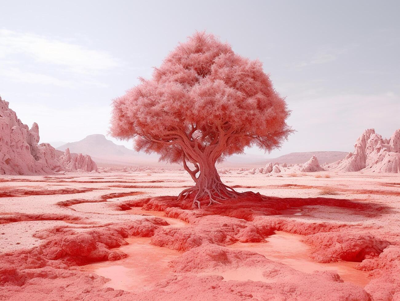 panoramic picture of a baby pink leafed tree in the middle of red utopia desert photo