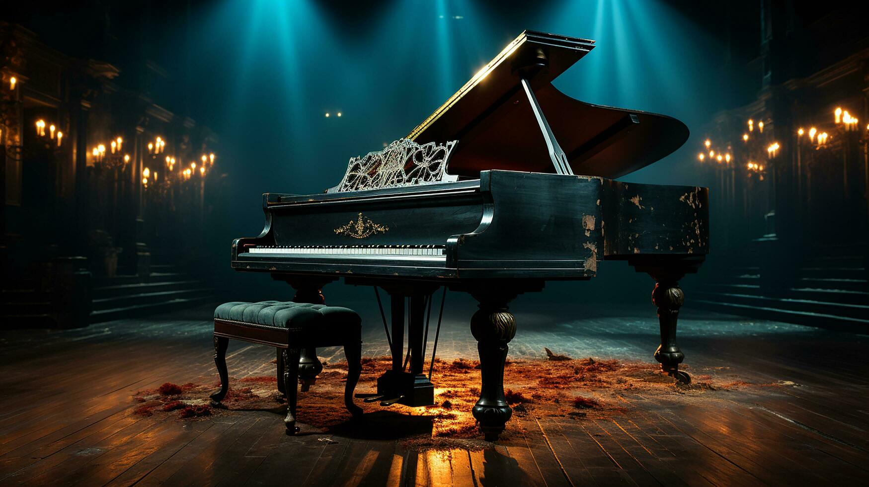 an old grand piano in the middle of dark blank room with god rays light it up AI generate photo