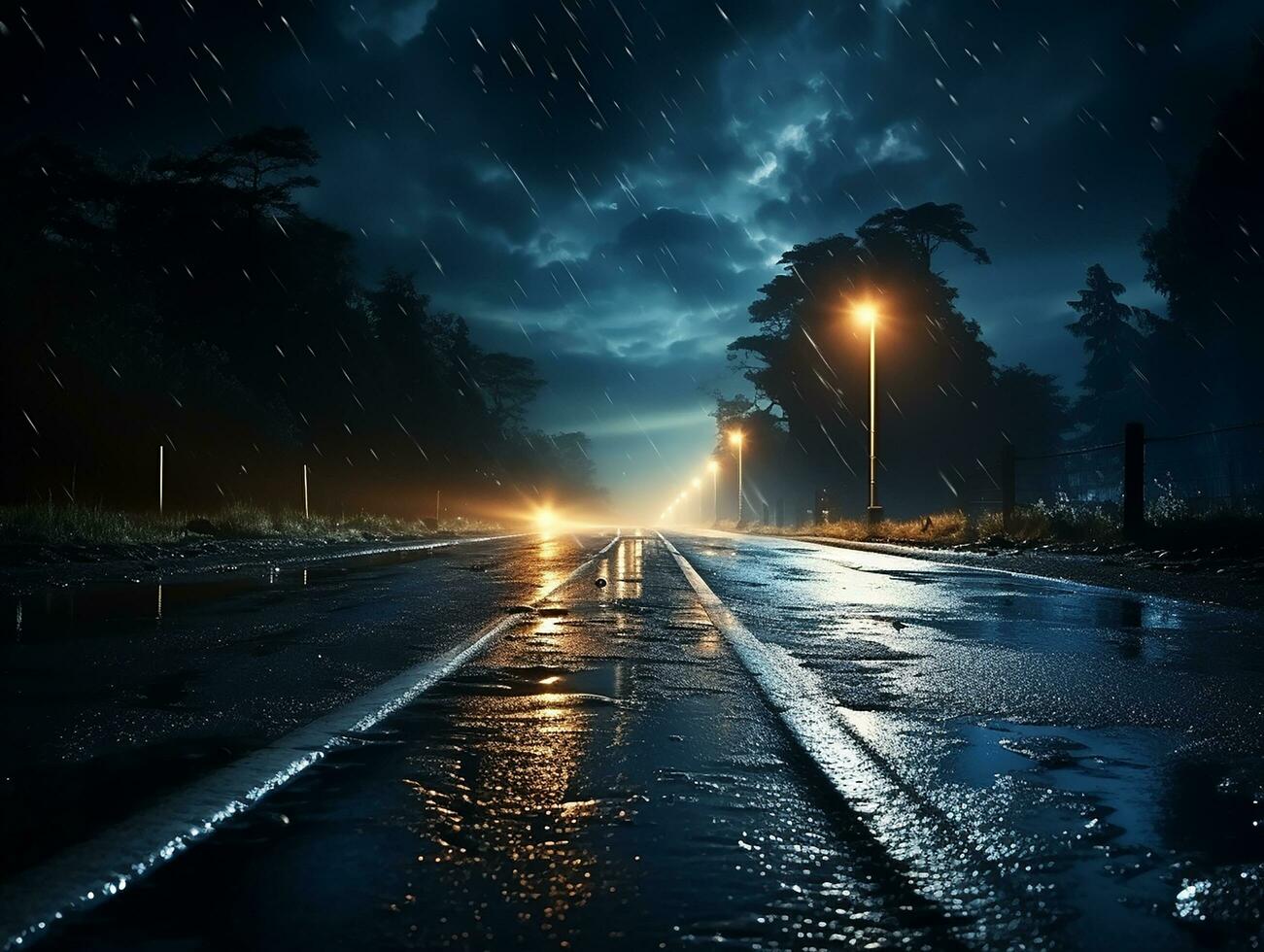 autopista la carretera en el noche con pesado lluvia y relámpago ai generativo foto