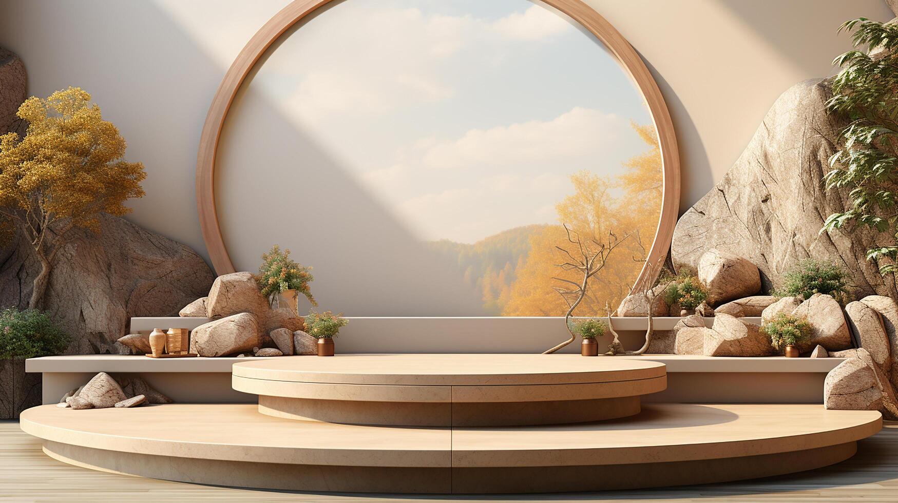 Podium background with cream color tone japanese style made by photo