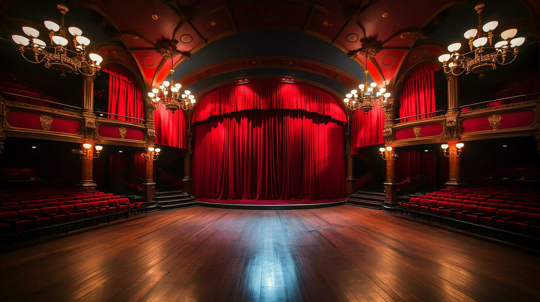 teatro escenario, con rojo cortina, de madera piso, sillas y Encendiendo ai generativo foto
