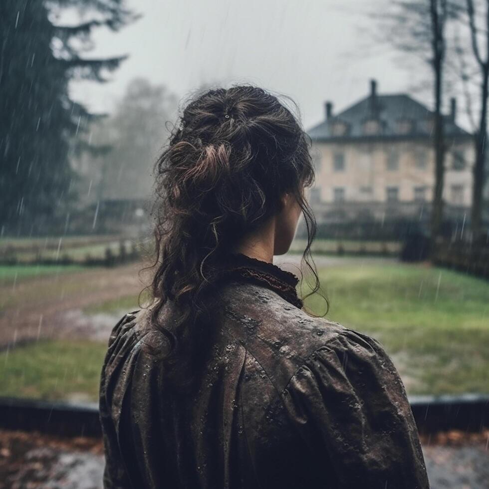 A back profile of a girl in a rain at a park of a france old villages photo