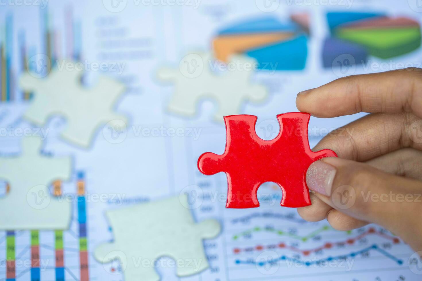 Human hands holding red jigsaw  with word problem  solution.  symbol of association and connection. business strategy. photo