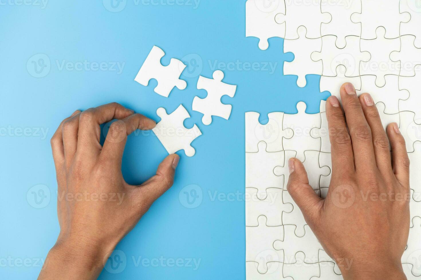 Hand connect jigsaw parts with word problem, solution.   symbol of association and connection. business strategy. Teamwork concept. photo