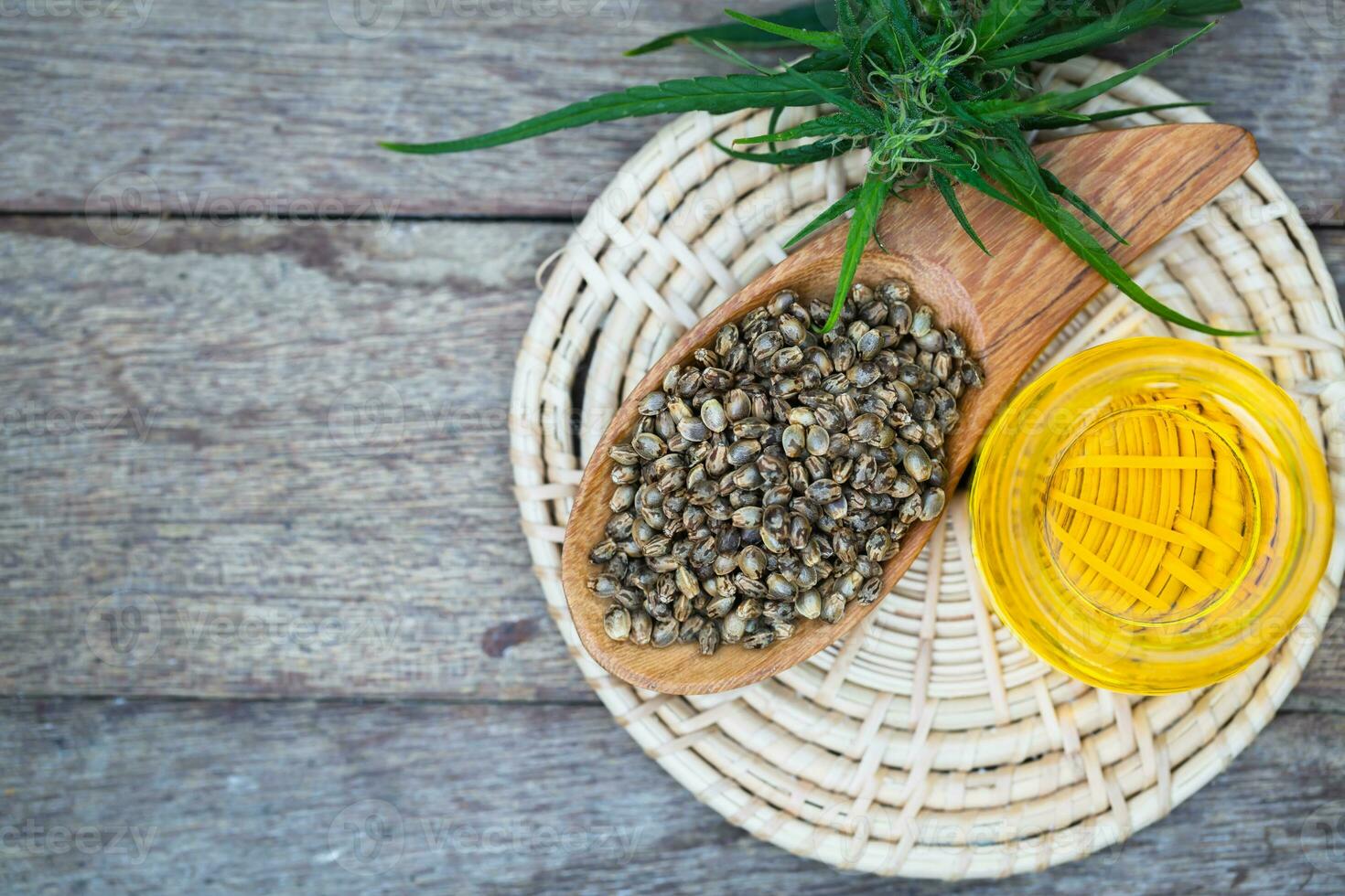 Hemp oil in a glass jar, CBD cannabis oil.Alternative herbs for medicine. copy space. photo