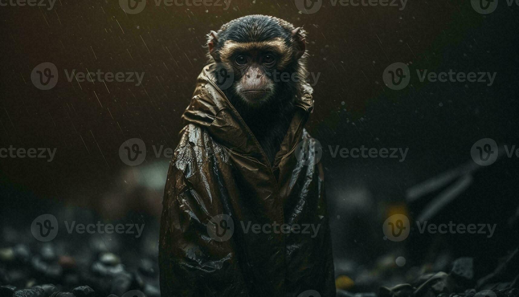 A monkey standing among the piles of plastic waste and the rain,Concept of saving the world. Generative AI. photo