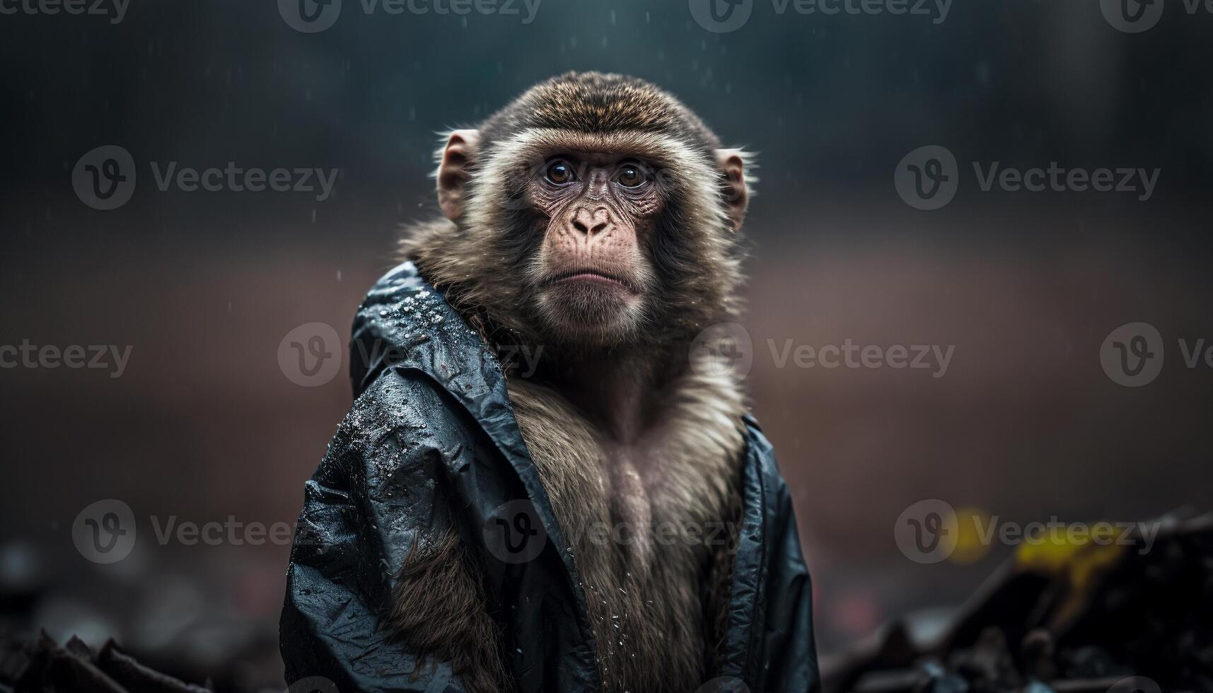 A monkey standing among the piles of plastic waste and the rain,Concept of saving the world. Generative AI. photo