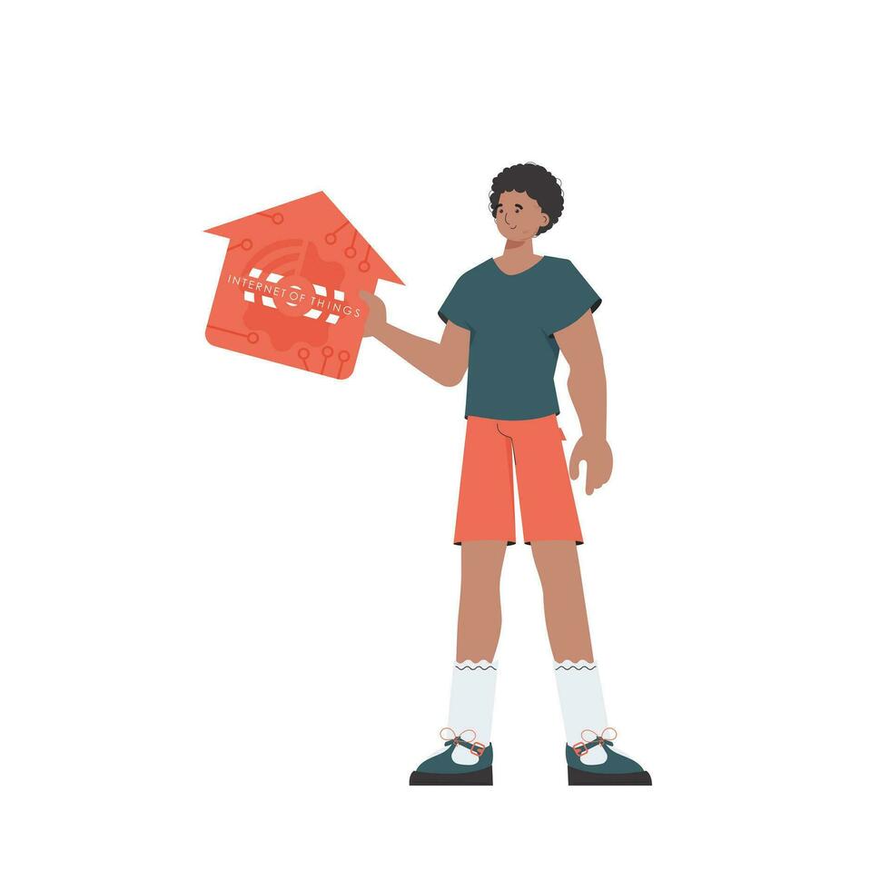 The man is depicted in full growth, holding the icon of the house in his hands. Internet of things concept. Vector illustration in flat style.
