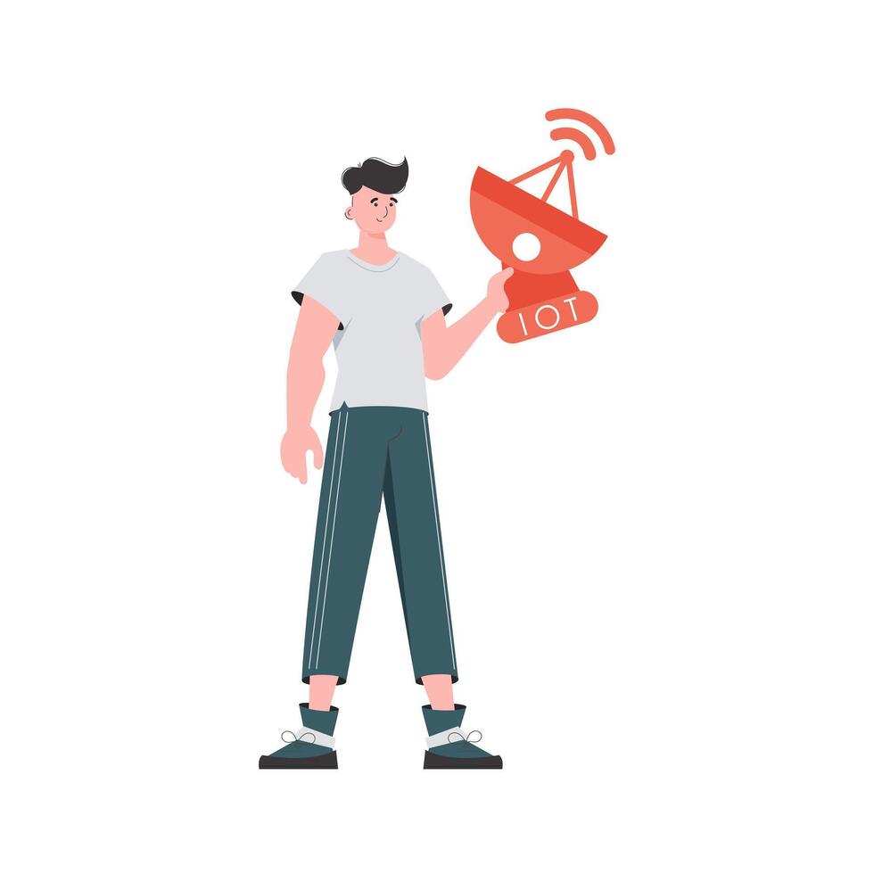 Internet of things concept. The guy is holding a satellite dish in his hands. Isolated on white background. Trendy flat style. illustration. vector