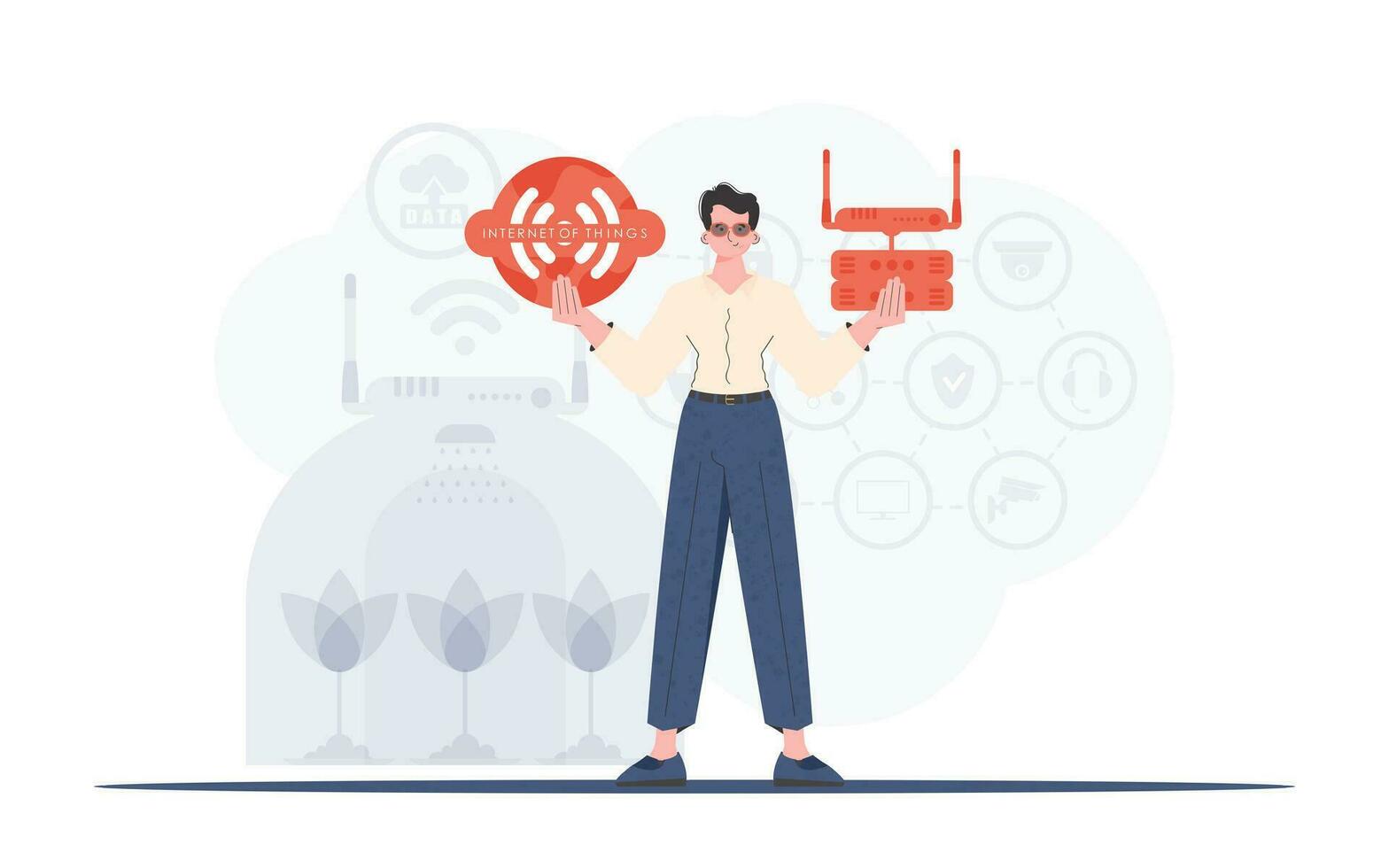 Internet of things concept. A man holds the internet of things logo in her hands. Router and server. Good for presentations and websites. Vector illustration in trendy flat style.