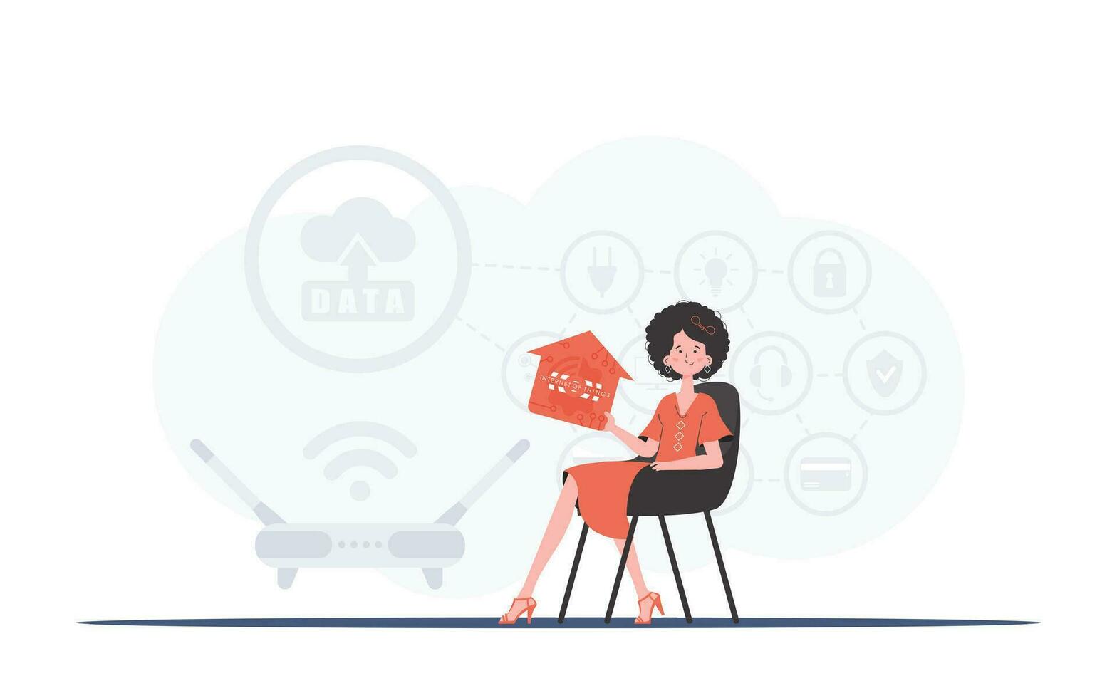 Internet of things concept. The girl sits in a chair and holds an icon of a house in her hands. Good for websites and presentations. Vector illustration in trendy flat style.