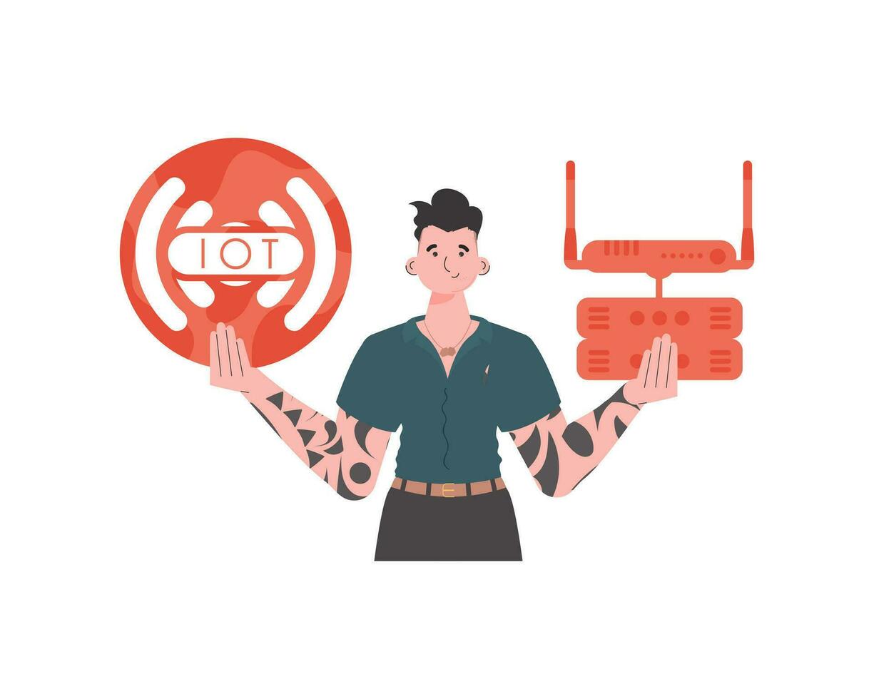 A man holds the internet of things logo in his hands. Router and server. Internet of things concept. Isolated. Vector illustration in trendy flat style.