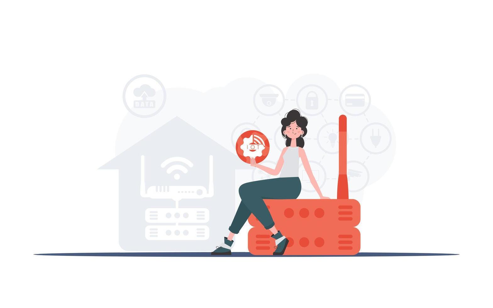 Internet of things concept. A woman is holding an internet thing icon in her hands. Router and server. Good for presentations and websites. Trendy flat style. Vector illustration.