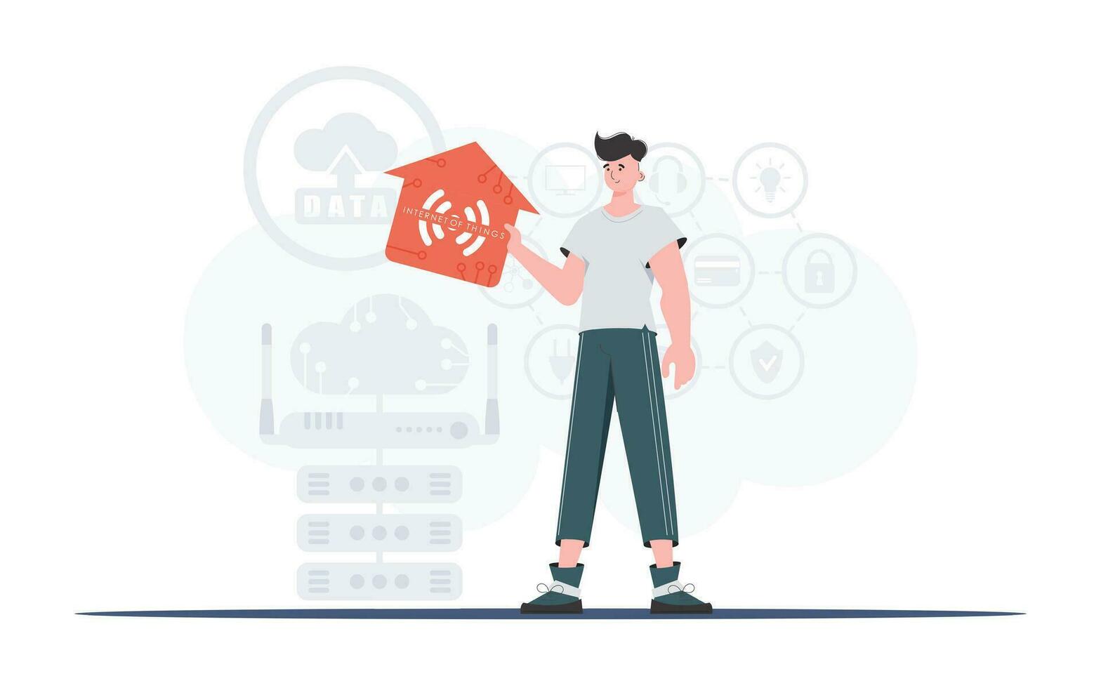 Internet of things concept. The man is depicted in full growth, holding the icon of the house in his hands. Good for websites and presentations. Vector illustration in trendy flat style.