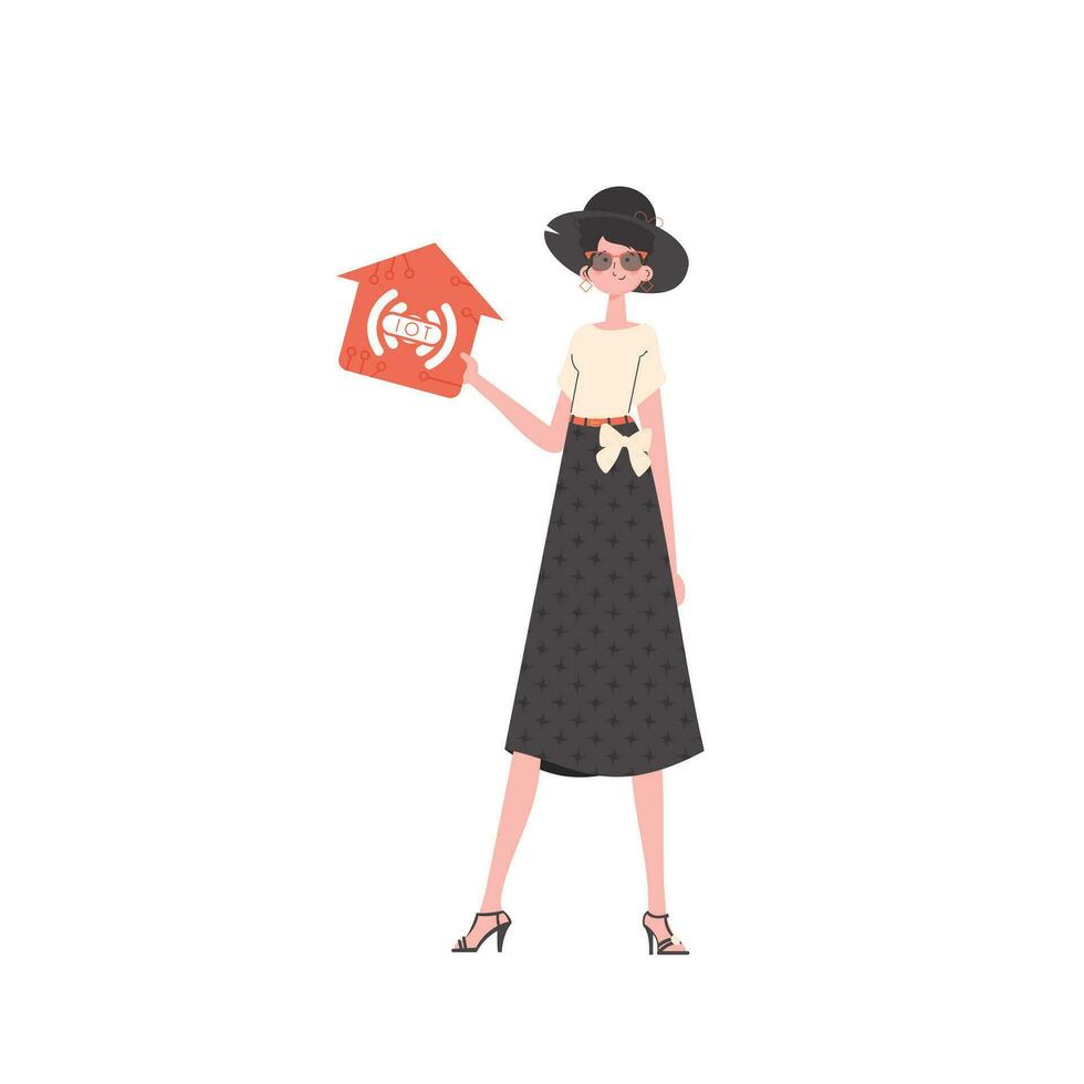 The woman is depicted in full growth, holding an icon of a house in her hands. Internet of things concept. Vector illustration in flat style.