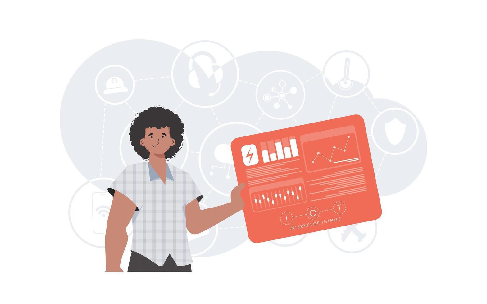 Internet of things concept. A man holds a panel with analyzers and indicators in his hands. Good for websites and presentations. Vector illustration in flat style.