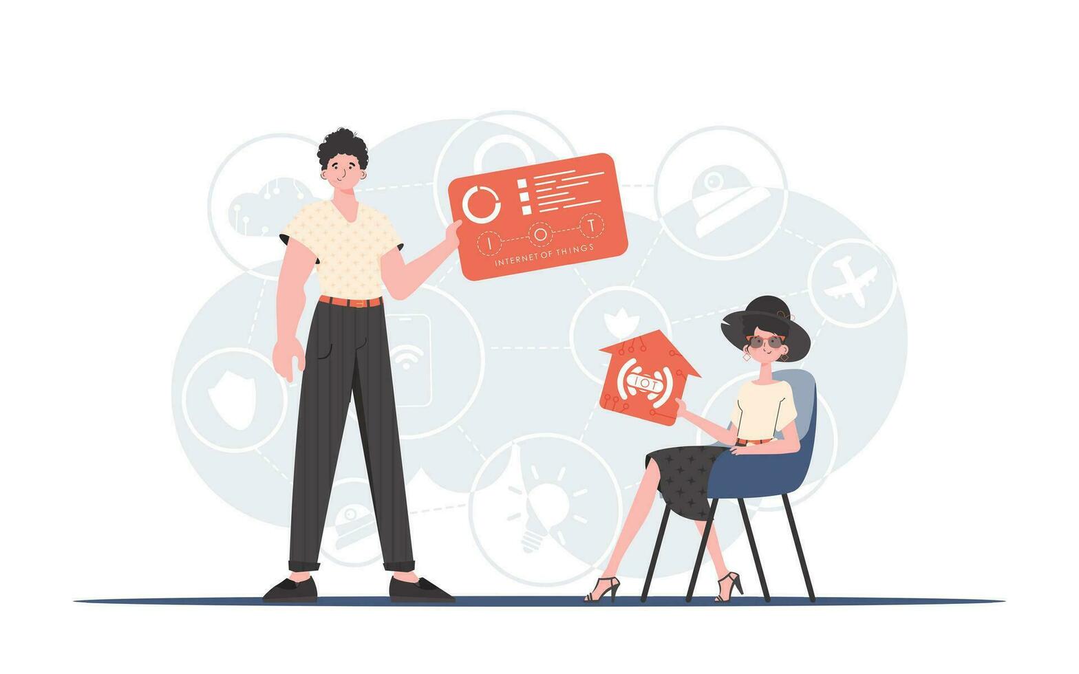 Internet of things concept. The girl and the guy are a team in the field of IoT. Good for presentations and websites. Trendy flat style. . vector